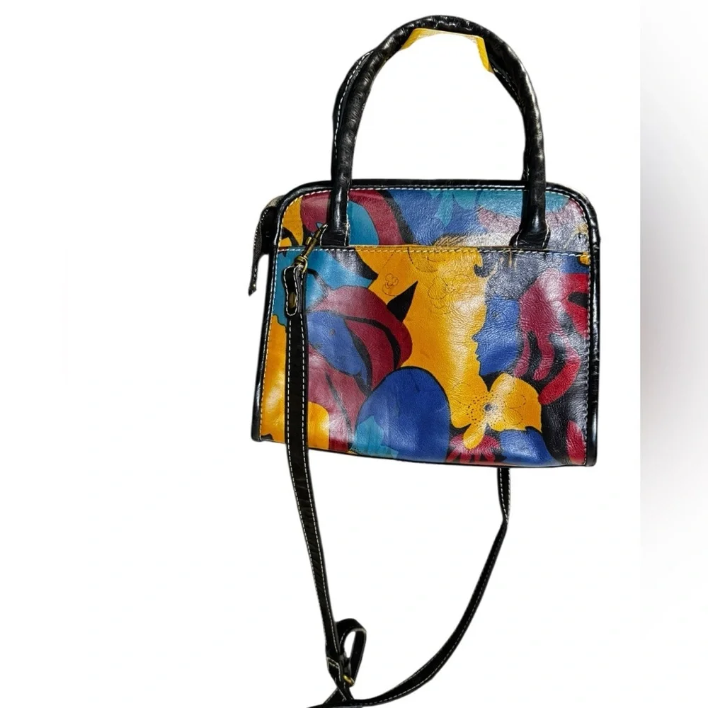 Patricia Nash leather top handle abstract faces crossbody bag